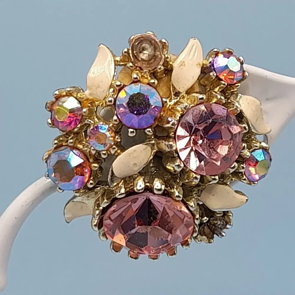 Vintage Arthur Pepper ART Pink Rhinestone Clip Earrings, Aurora Borealis, 1 1/8